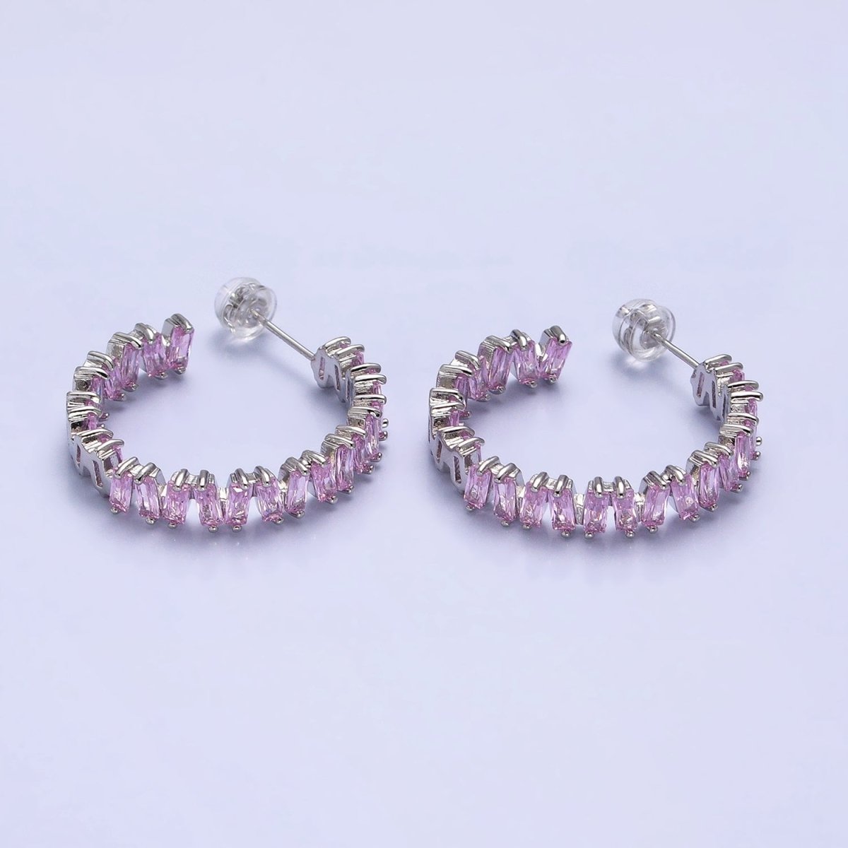 16K Gold Filled Green, Clear, Pink Baguette Zig-Zag Front Sided 30mm Circular Hoop Earrings  in Silver & Gold | AB855 - AB859