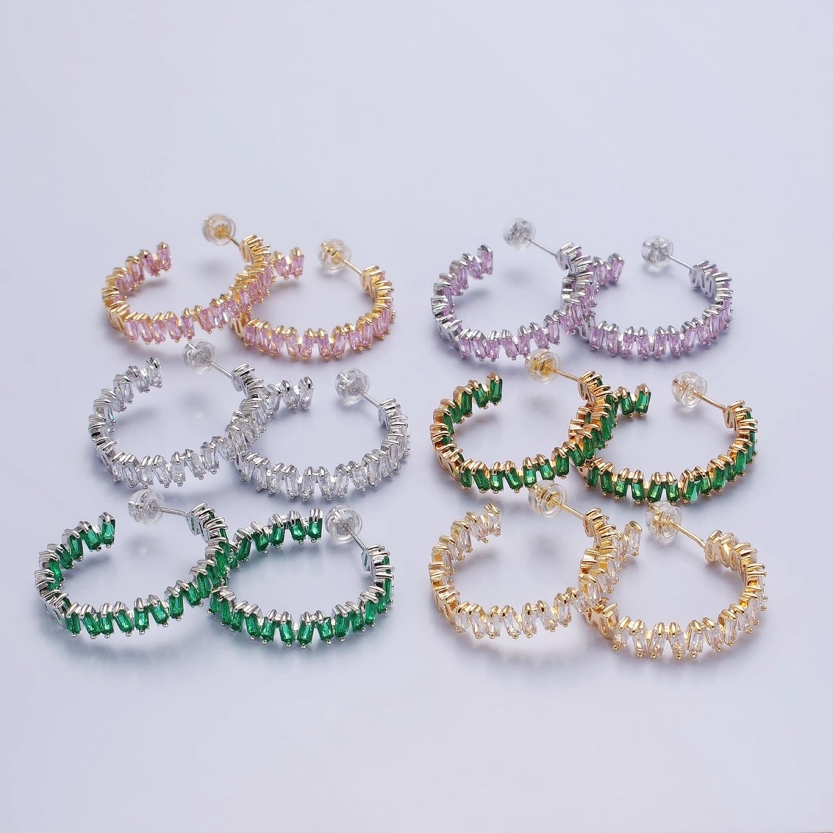 16K Gold Filled Green, Clear, Pink Baguette Zig-Zag Front Sided 30mm Circular Hoop Earrings  in Silver & Gold | AB855 - AB859