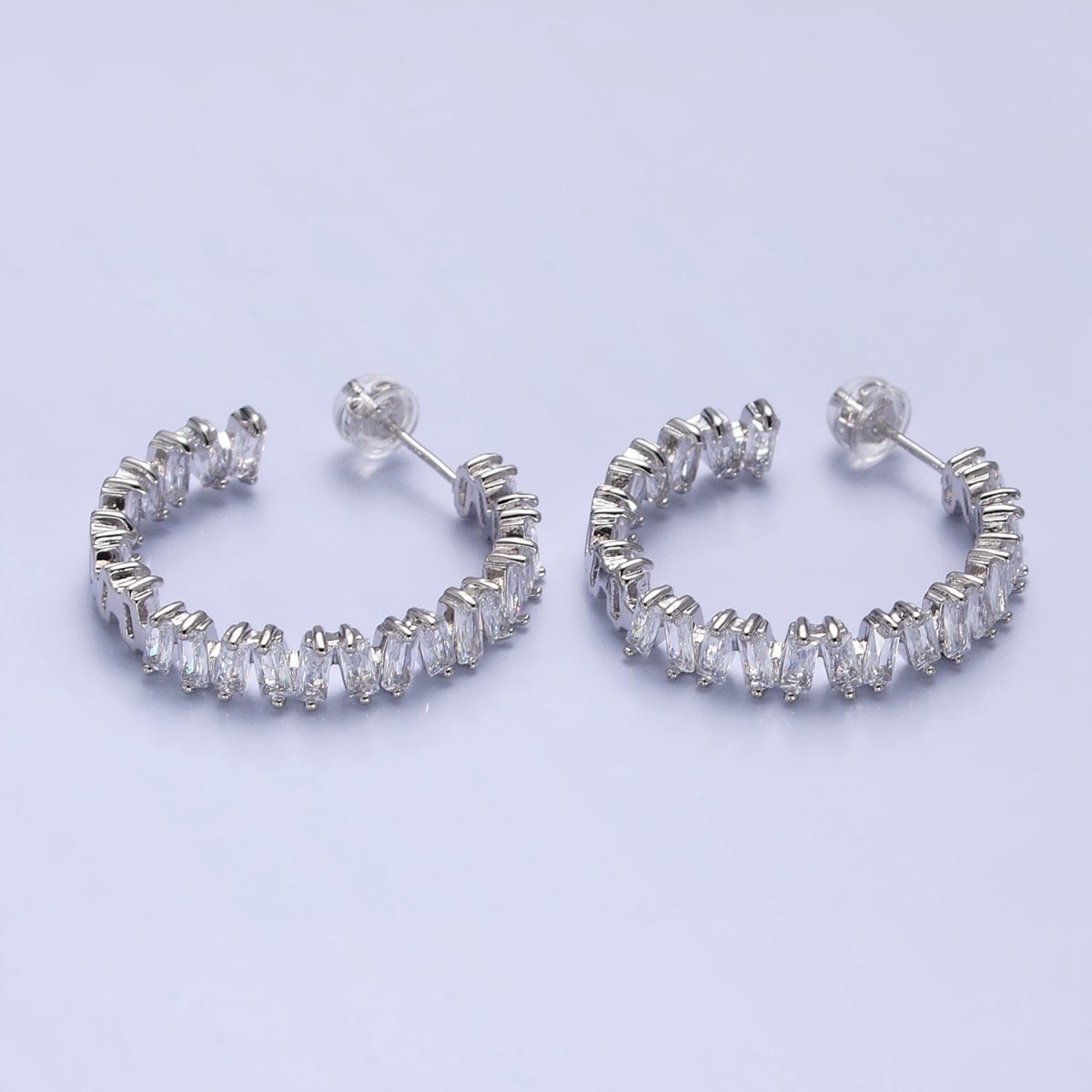 16K Gold Filled Green, Clear, Pink Baguette Zig-Zag Front Sided 30mm Circular Hoop Earrings  in Silver & Gold | AB855 - AB859