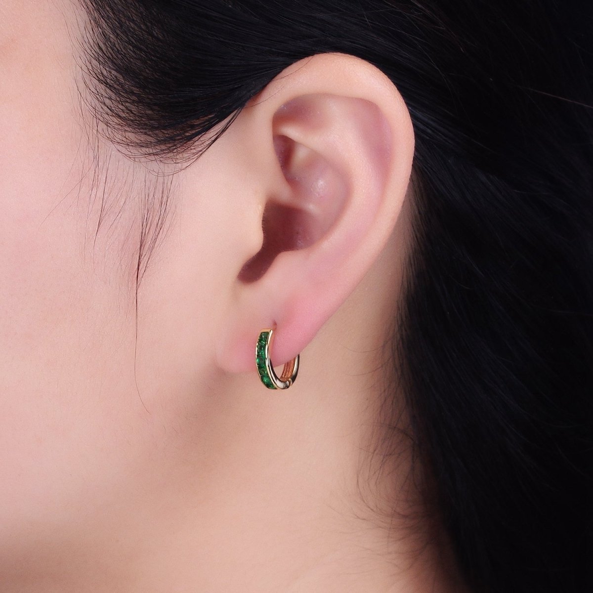 16K Gold Filled Green, Clear, Turquoise Square CZ Lined 13mm Cartilage Huggie Earrings in Gold & Silver | AB659 AB958 - AB960 AB1502 AB1503