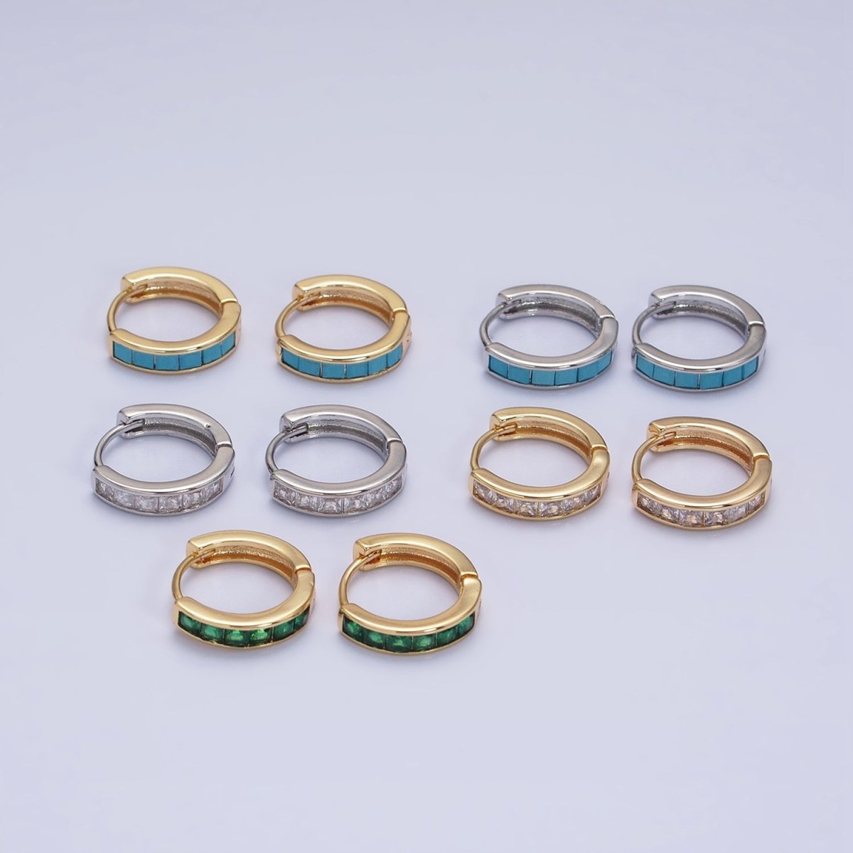 16K Gold Filled Green, Clear, Turquoise Square CZ Lined 13mm Cartilage Huggie Earrings in Gold & Silver | AB659 AB958 - AB960 AB1502 AB1503