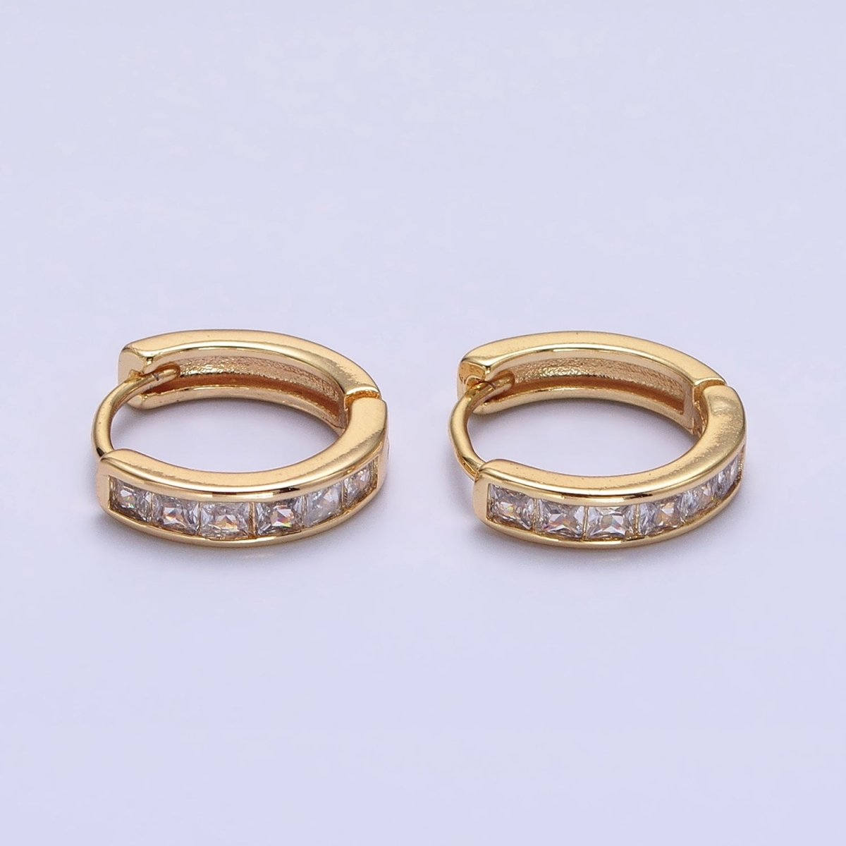 16K Gold Filled Green, Clear, Turquoise Square CZ Lined 13mm Cartilage Huggie Earrings in Gold & Silver | AB659 AB958 - AB960 AB1502 AB1503