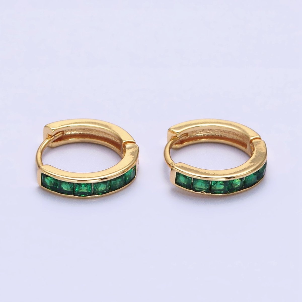 16K Gold Filled Green, Clear, Turquoise Square CZ Lined 13mm Cartilage Huggie Earrings in Gold & Silver | AB659 AB958 - AB960 AB1502 AB1503