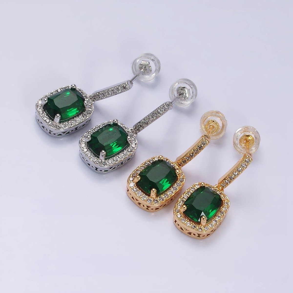 16K Gold Filled Green Oval CZ Micro Paved CZ Linear Drop Stud Earrings in Gold & Silver | AD1267 AD1268