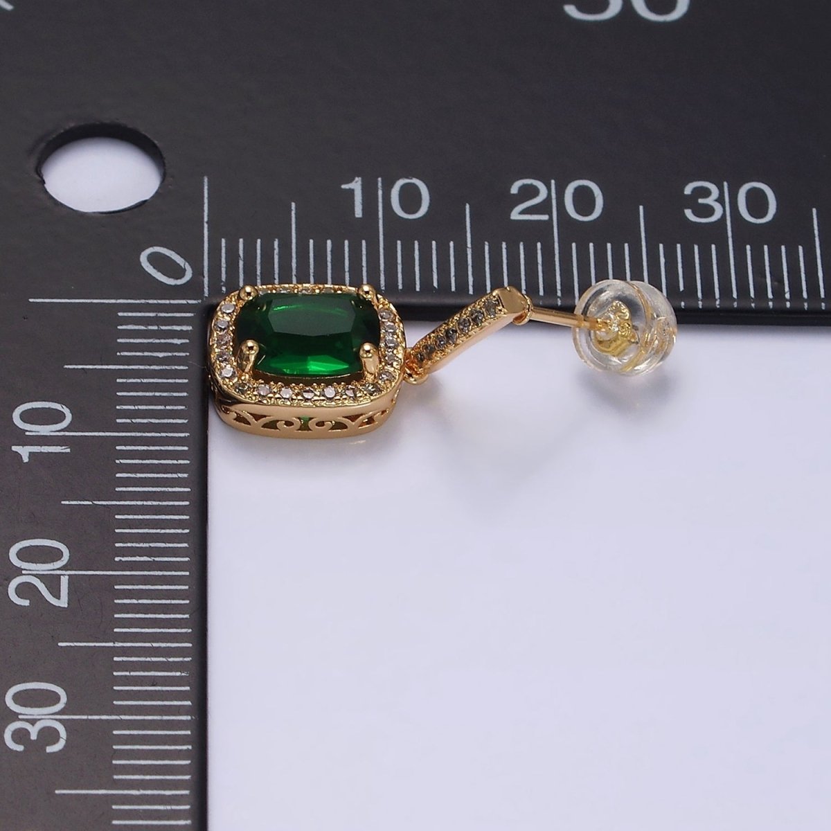 16K Gold Filled Green Oval CZ Micro Paved CZ Linear Drop Stud Earrings in Gold & Silver | AD1267 AD1268