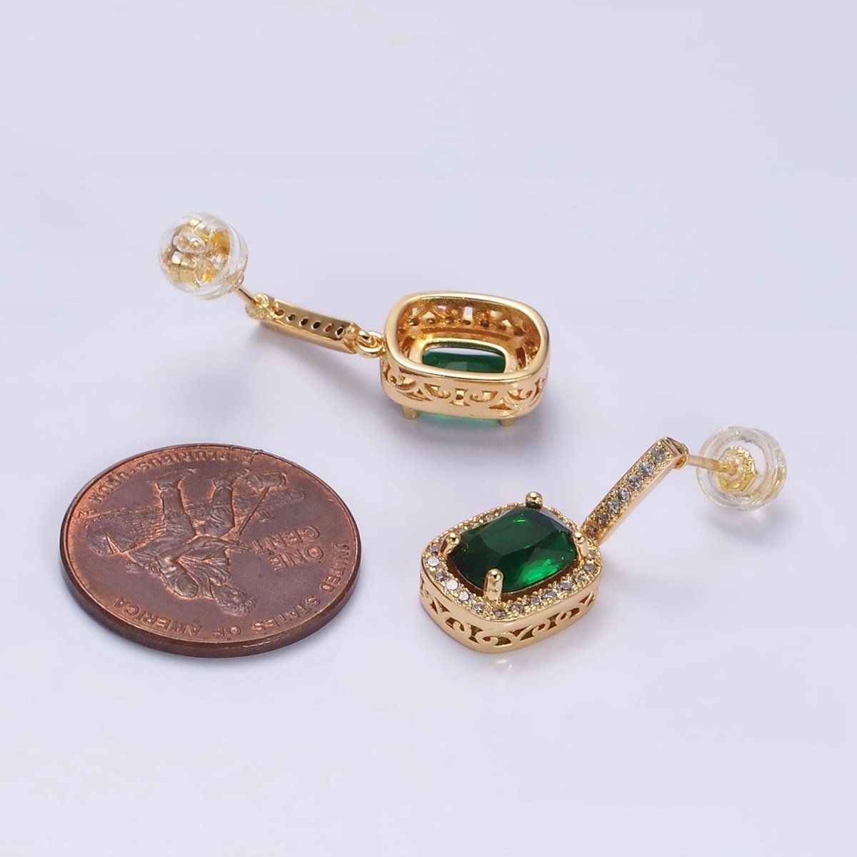 16K Gold Filled Green Oval CZ Micro Paved CZ Linear Drop Stud Earrings in Gold & Silver | AD1267 AD1268