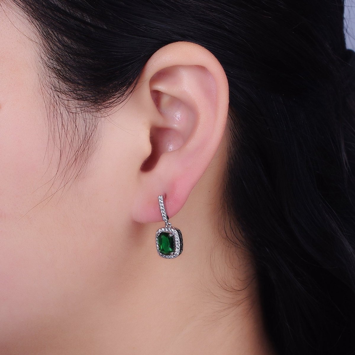 16K Gold Filled Green Oval CZ Micro Paved CZ Linear Drop Stud Earrings in Gold & Silver | AD1267 AD1268