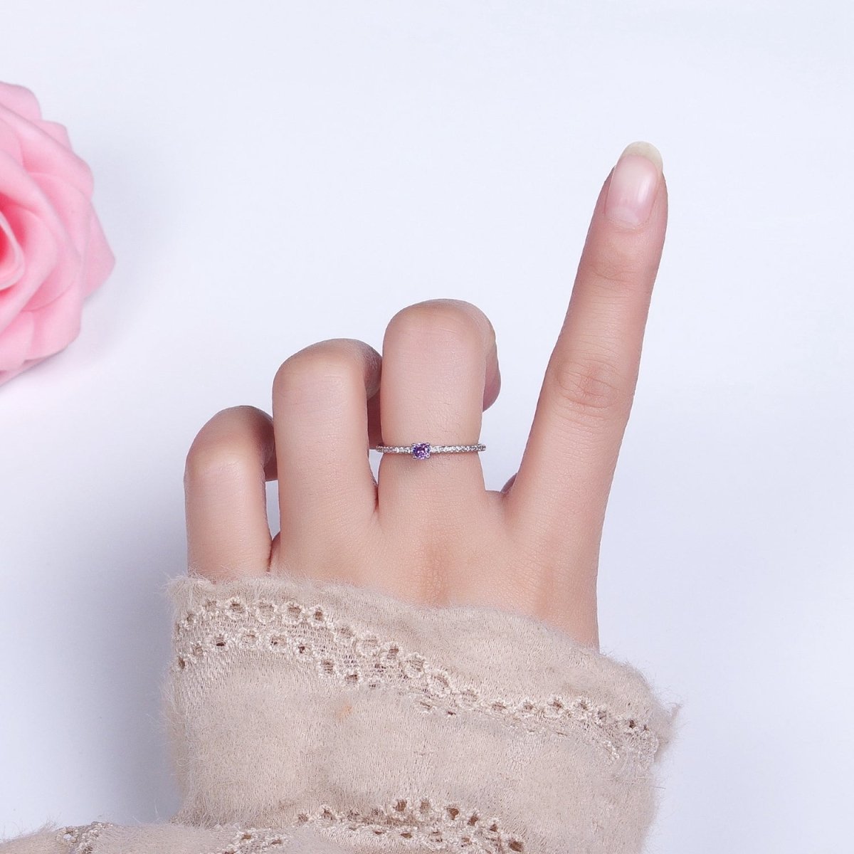 16K Gold Filled Green, Purple CZ Solitaire Clear Micro Paved Adjustable Ring in Gold & Silver | O-1890 O-1891 O-1892 O-1893