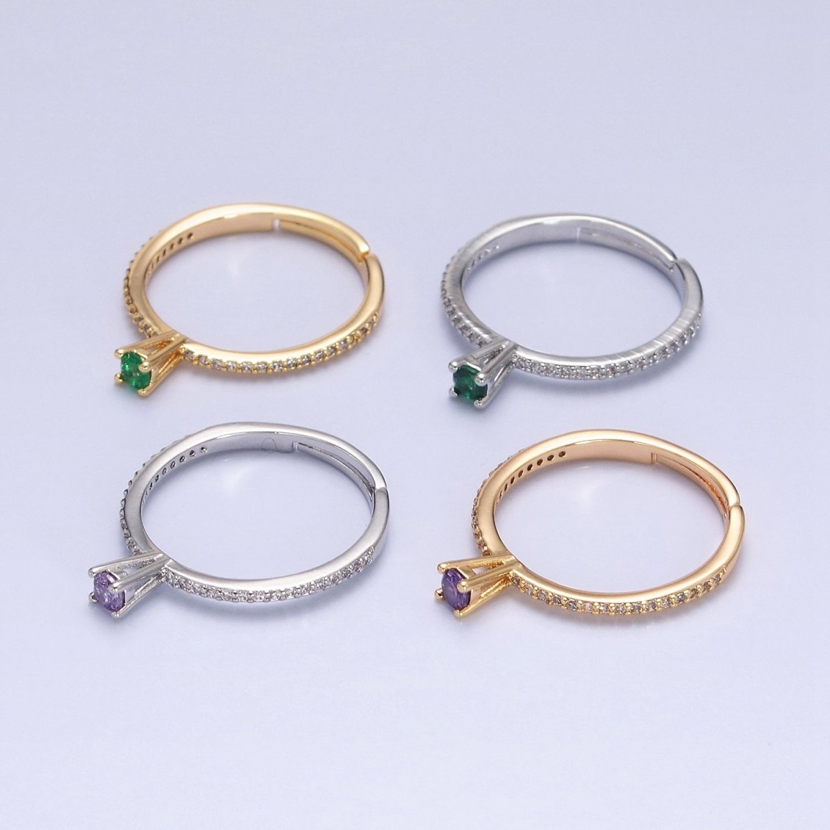 16K Gold Filled Green, Purple CZ Solitaire Clear Micro Paved Adjustable Ring in Gold & Silver | O-1890 O-1891 O-1892 O-1893