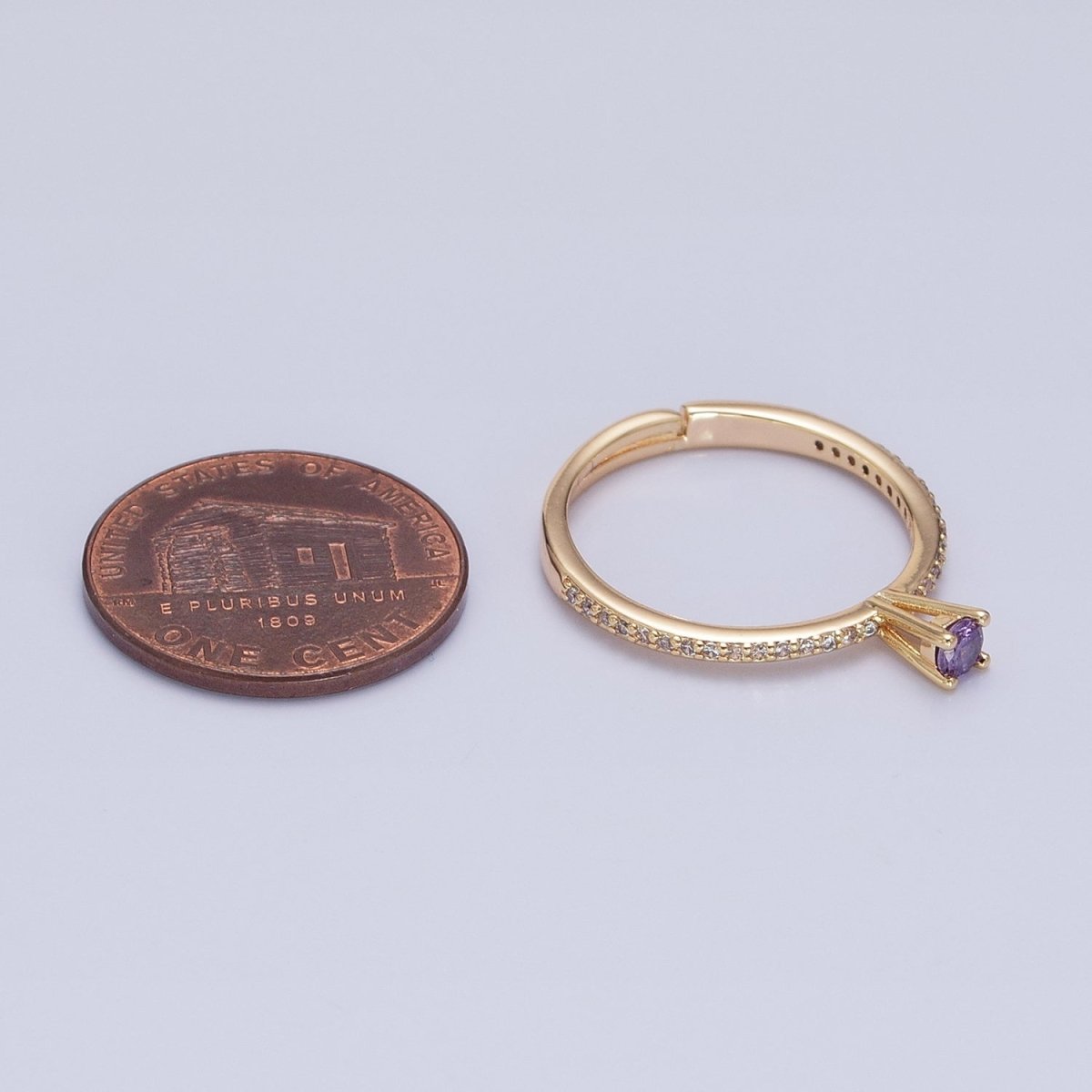 16K Gold Filled Green, Purple CZ Solitaire Clear Micro Paved Adjustable Ring in Gold & Silver | O-1890 O-1891 O-1892 O-1893