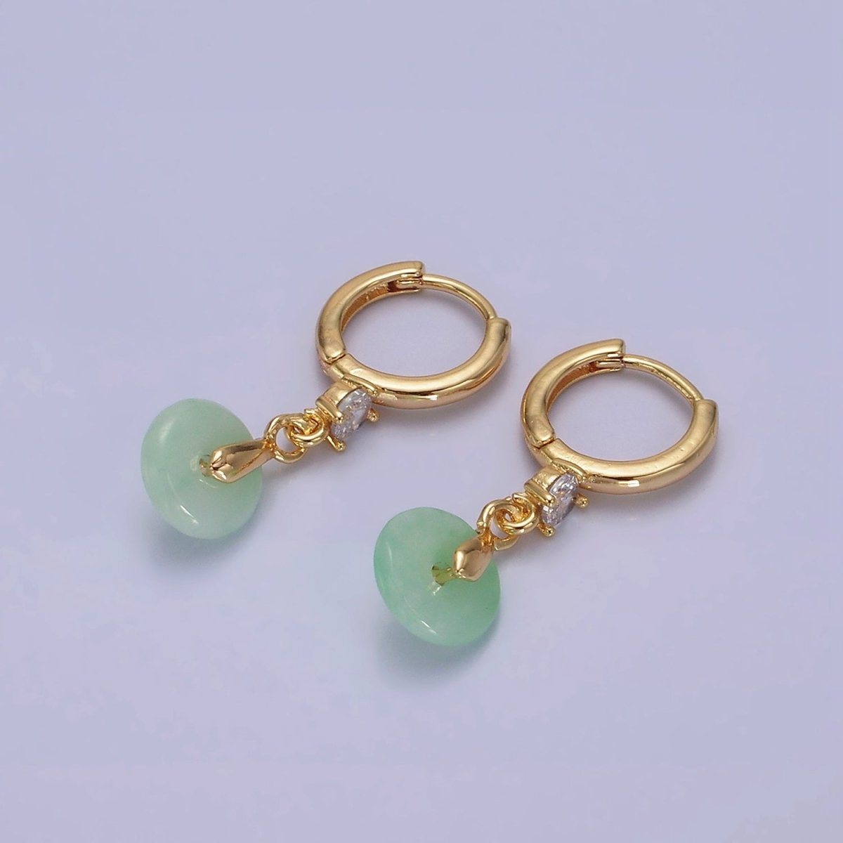 16K Gold Filled Green, White Jade Donut Round Drop Clear CZ Huggie Earrings | AE633 AE652