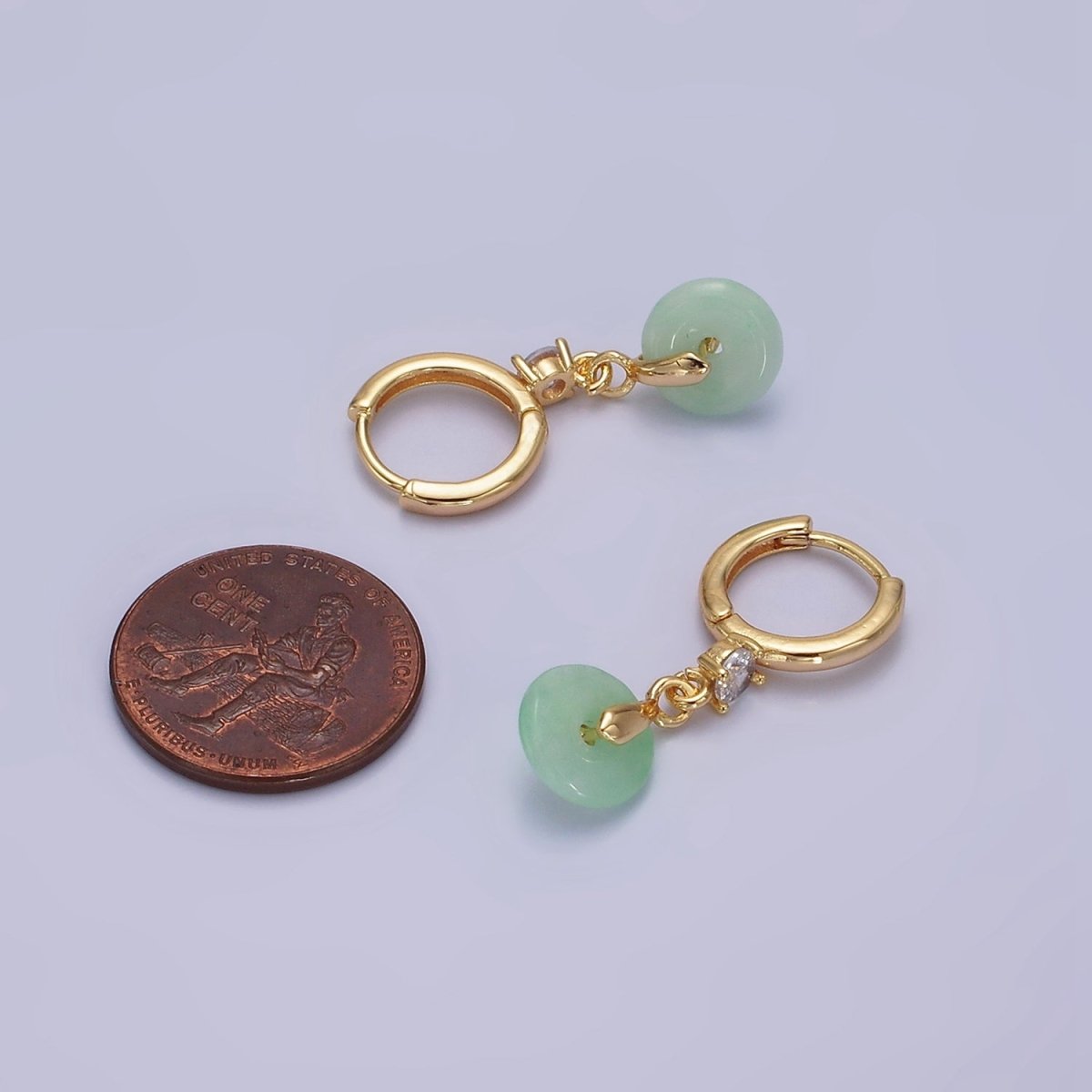 16K Gold Filled Green, White Jade Donut Round Drop Clear CZ Huggie Earrings | AE633 AE652