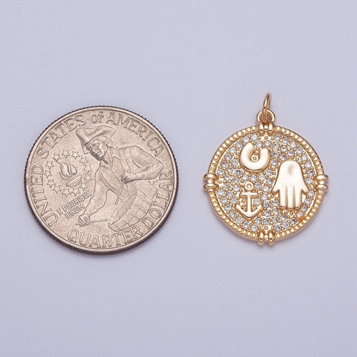 16K Gold Filled Hamsa Hand Horseshoe Anchor Micro Paved CZ Medallion Charm For Jewelry Making | X-260 - DLUXCA