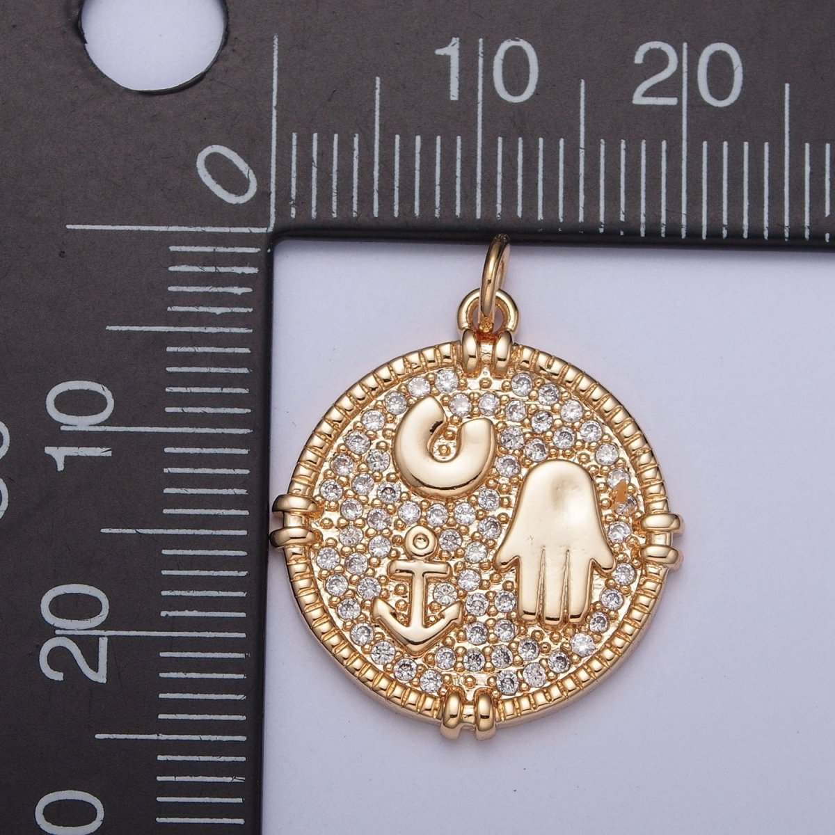 16K Gold Filled Hamsa Hand Horseshoe Anchor Micro Paved CZ Medallion Charm For Jewelry Making | X-260 - DLUXCA
