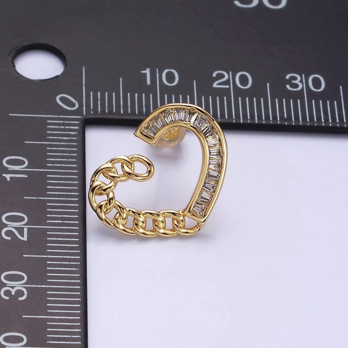 16K Gold Filled Heart Curb Link Baguette Lined Stud Earrings in Gold & Silver | AD988 AD989