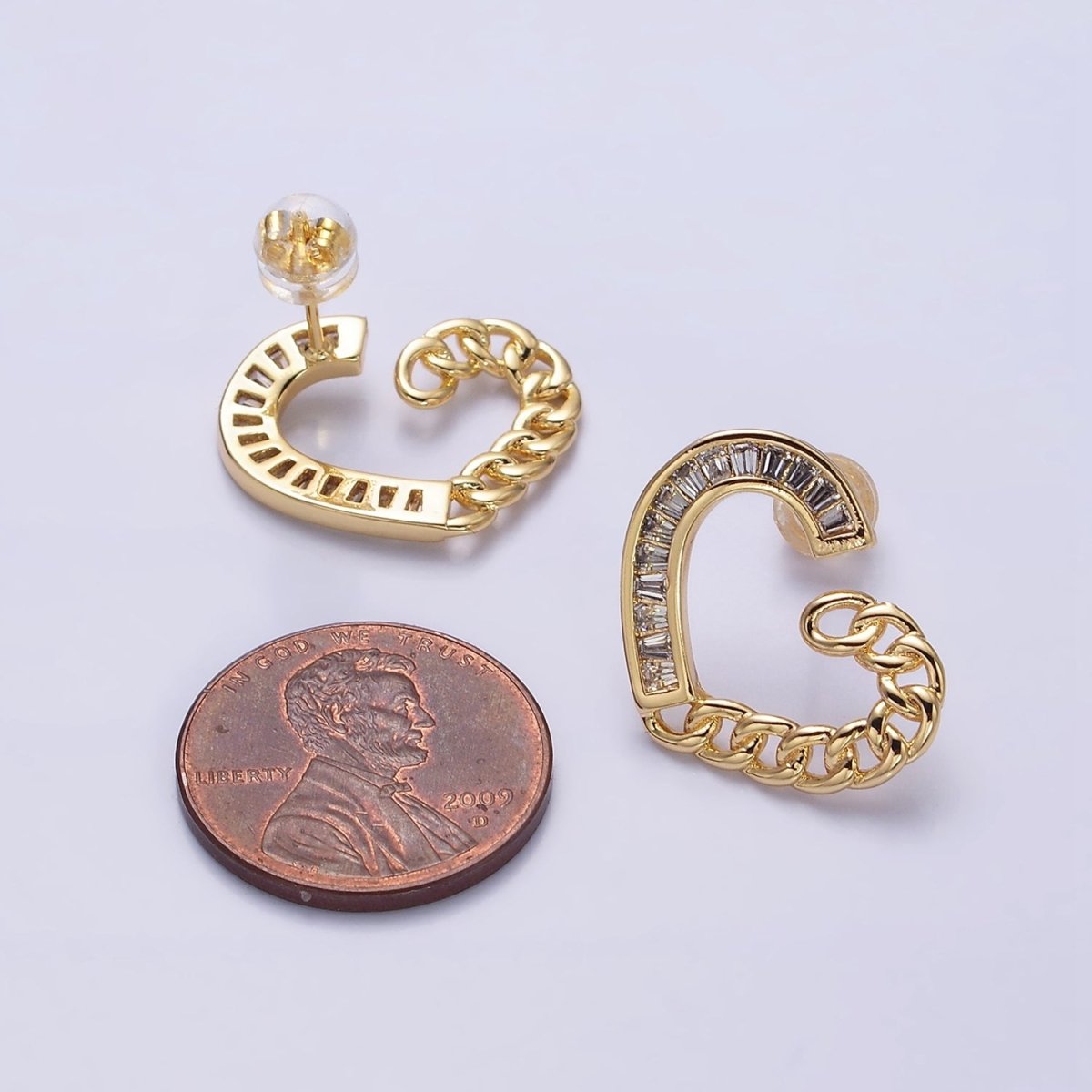 16K Gold Filled Heart Curb Link Baguette Lined Stud Earrings in Gold & Silver | AD988 AD989