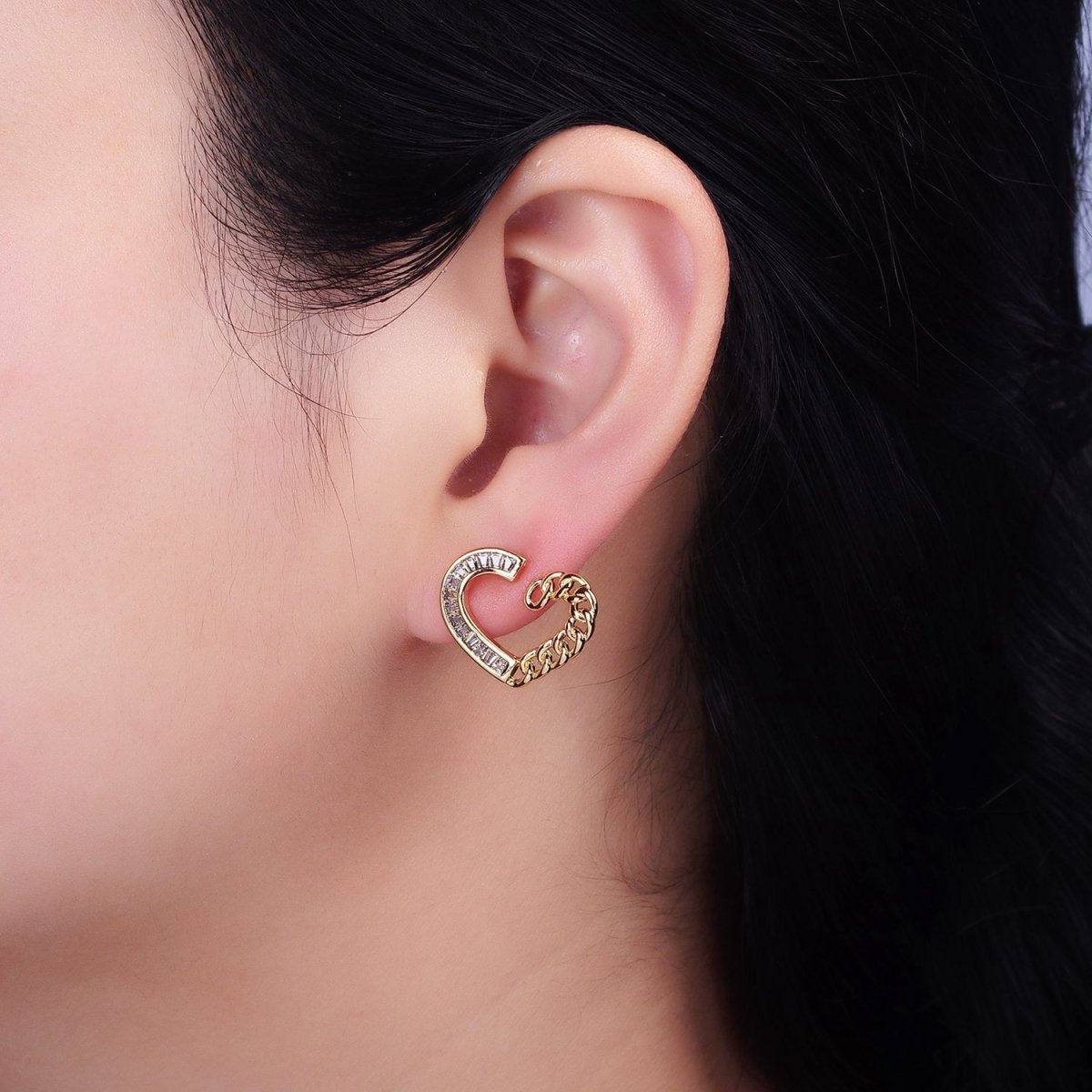 16K Gold Filled Heart Curb Link Baguette Lined Stud Earrings in Gold & Silver | AD988 AD989
