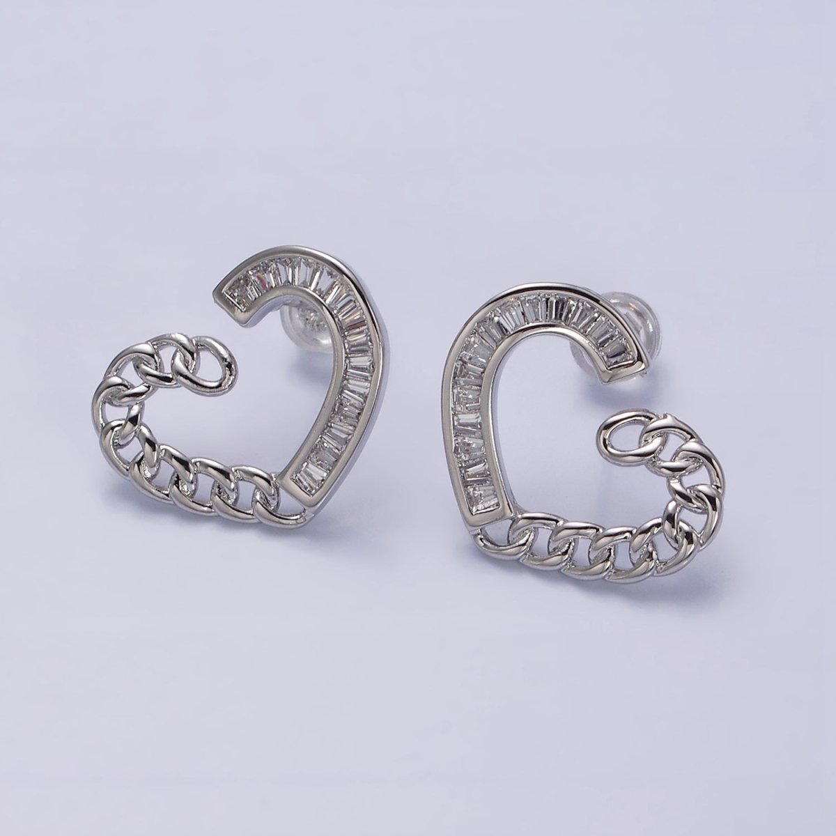 16K Gold Filled Heart Curb Link Baguette Lined Stud Earrings in Gold & Silver | AD988 AD989