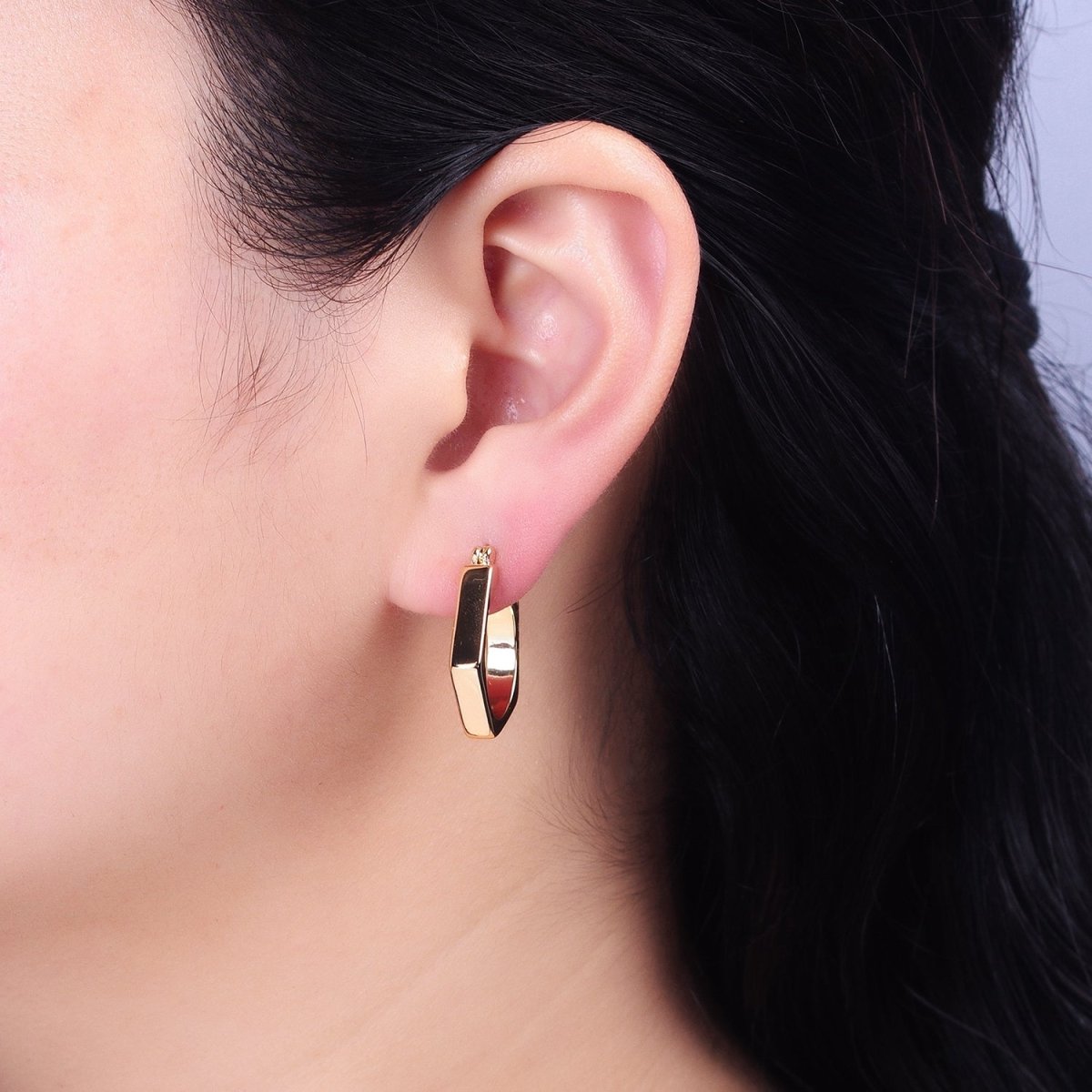 16K Gold Filled Hexagonal Geometric Latch French Lock Hoop Earrings in Gold & Silver | AB905 AB1533