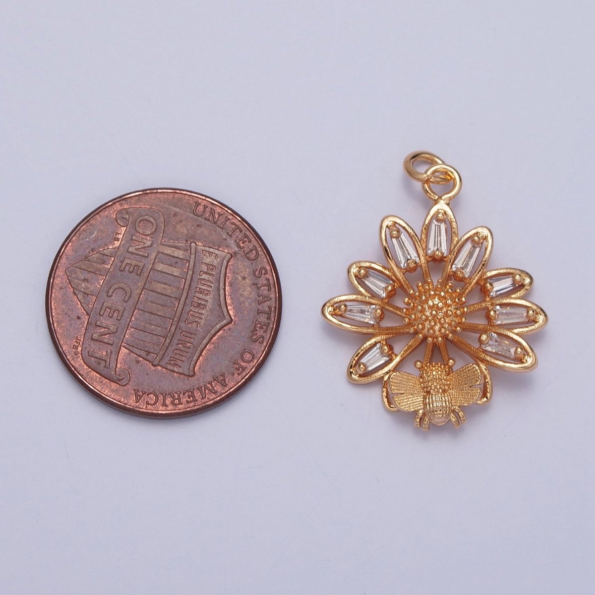 16K Gold Filled Honey Bee & Flower Baguette CZ Petal Charm For Spring Garden Jewelry | X-220 - DLUXCA