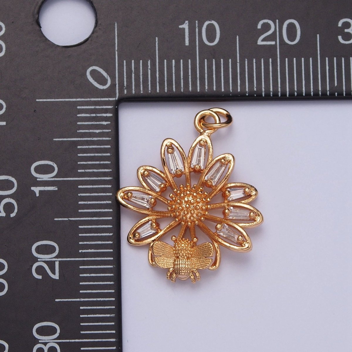16K Gold Filled Honey Bee & Flower Baguette CZ Petal Charm For Spring Garden Jewelry | X-220 - DLUXCA