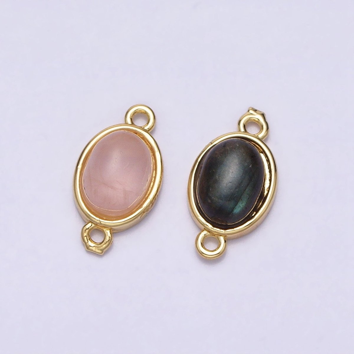 16K Gold Filled Labradorite, Rose Quartz Natural Gemstone 14.3mm Oval Connector | Y-868