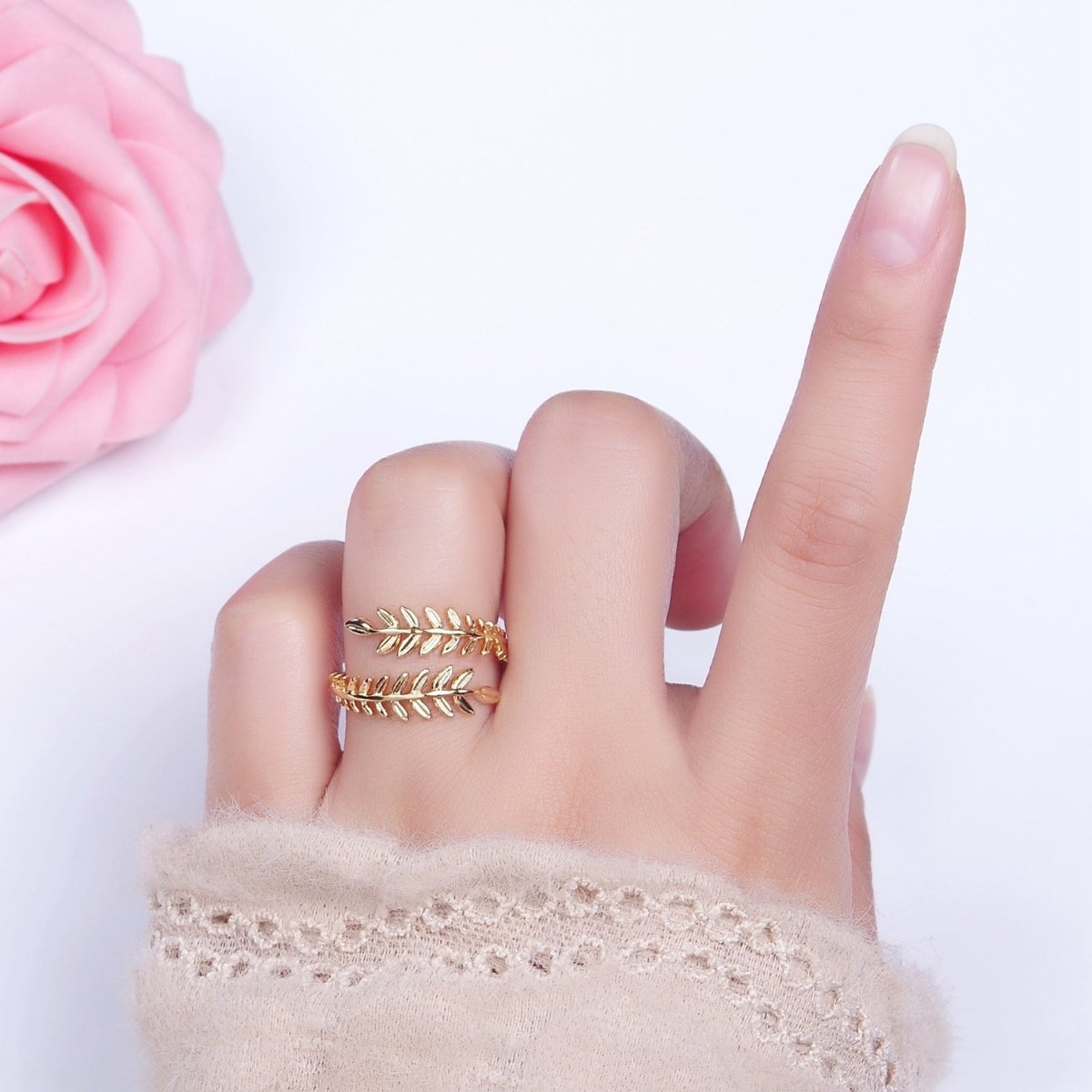 16K Gold Filled Leaf Palm Olive Paddy Wheat Open Ring in Gold & Silver | O-1625 O-1626