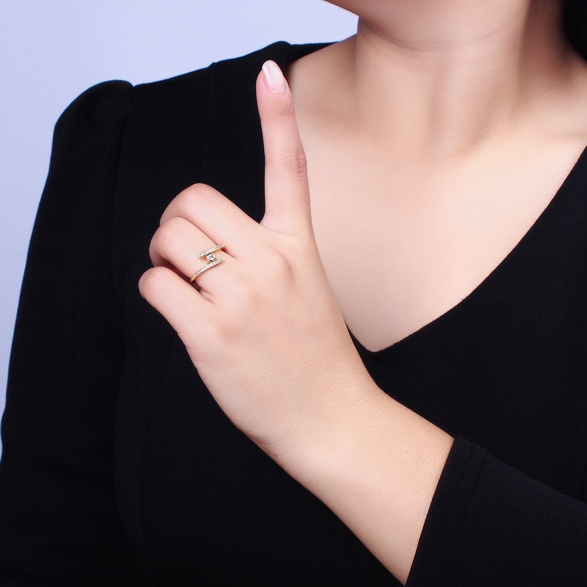 16K Gold Filled Linear Double Micro Paved Band Adjustable Ring in Gold & Silver | O-1916 O-1917