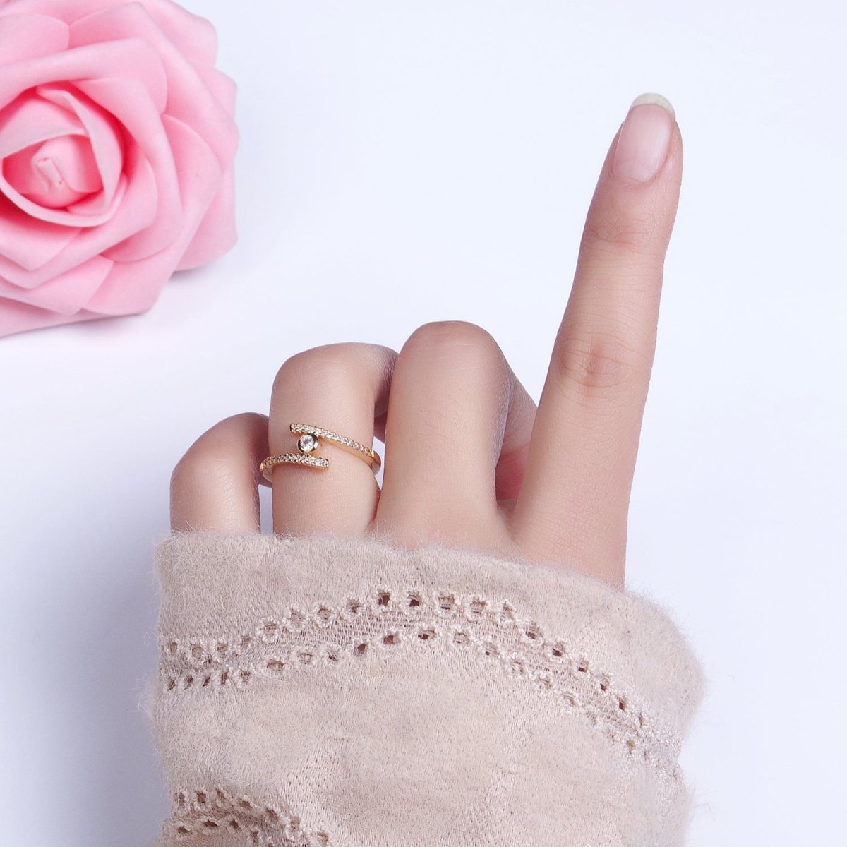 16K Gold Filled Linear Double Micro Paved Band Adjustable Ring in Gold & Silver | O-1916 O-1917