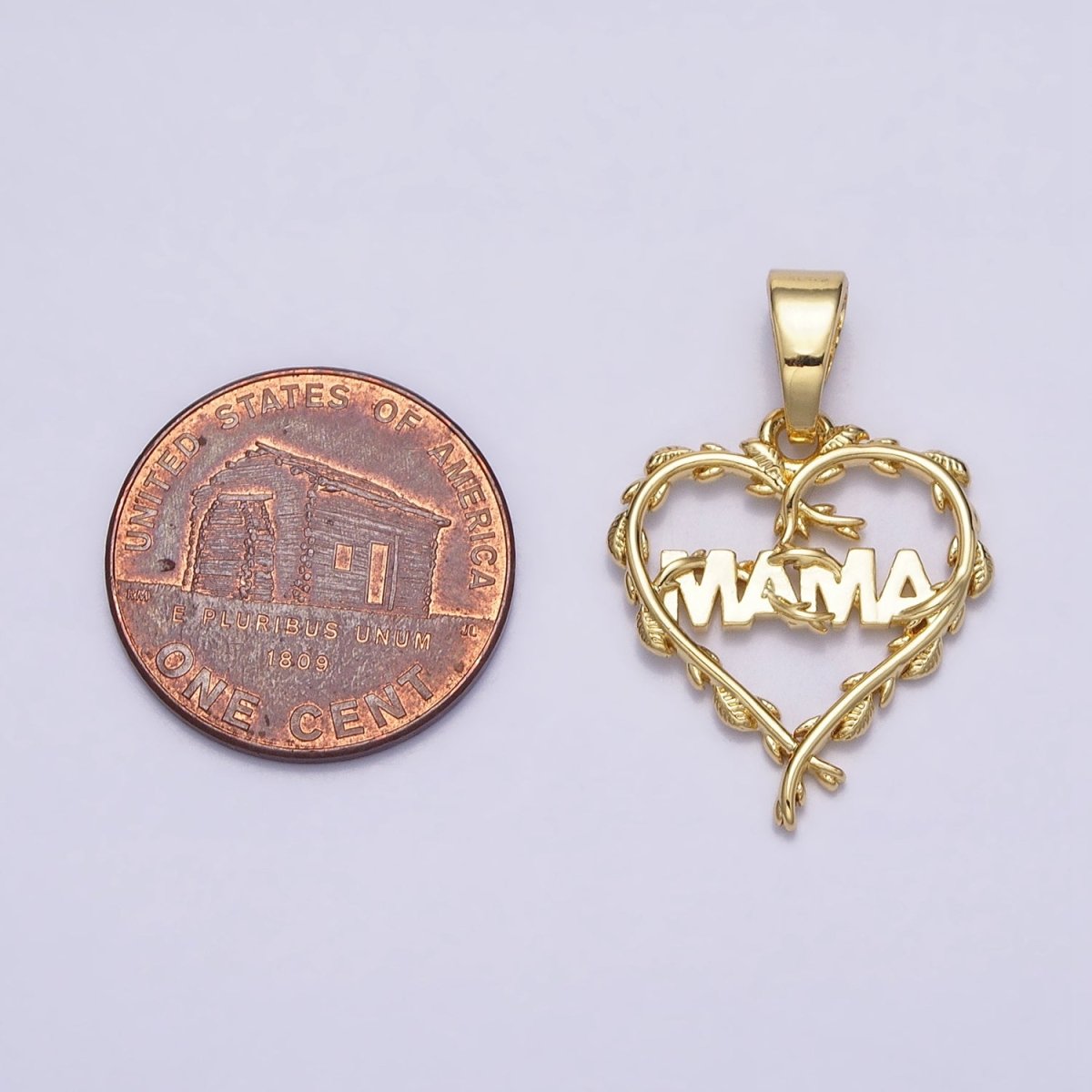 16K Gold Filled "MAMA" Script Olive Vine Leaf Open Heart Pendant | AC1328 - DLUXCA