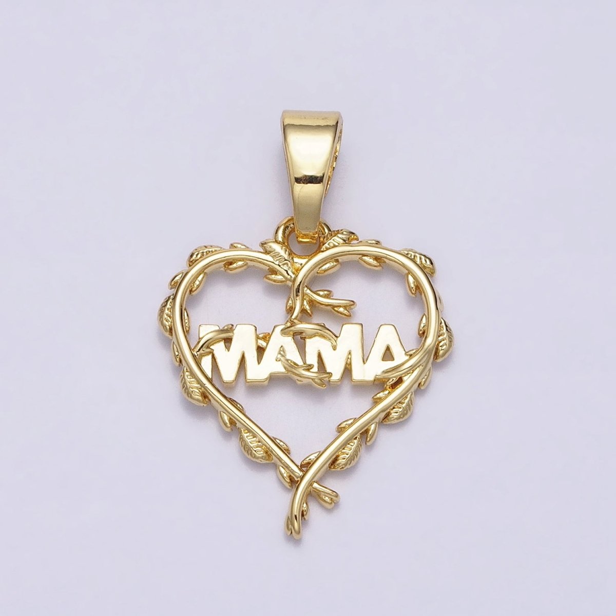 16K Gold Filled "MAMA" Script Olive Vine Leaf Open Heart Pendant | AC1328 - DLUXCA