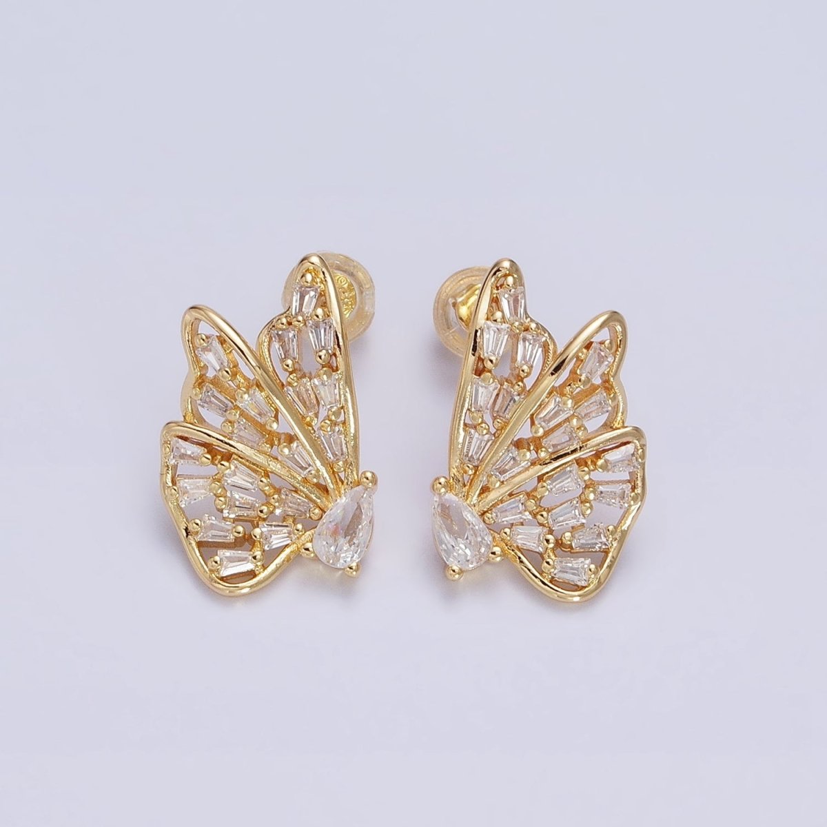 16K Gold Filled Mariposa Butterfly Baguette Teardrop CZ Wings Set Stud Earrings | AB633 AB634