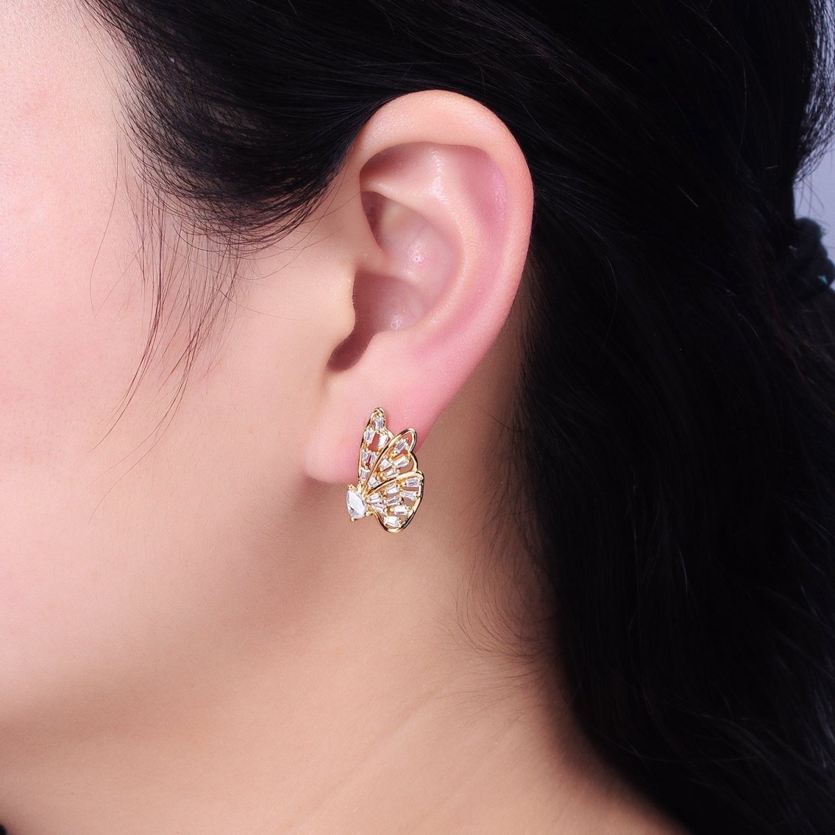 16K Gold Filled Mariposa Butterfly Baguette Teardrop CZ Wings Set Stud Earrings | AB633 AB634