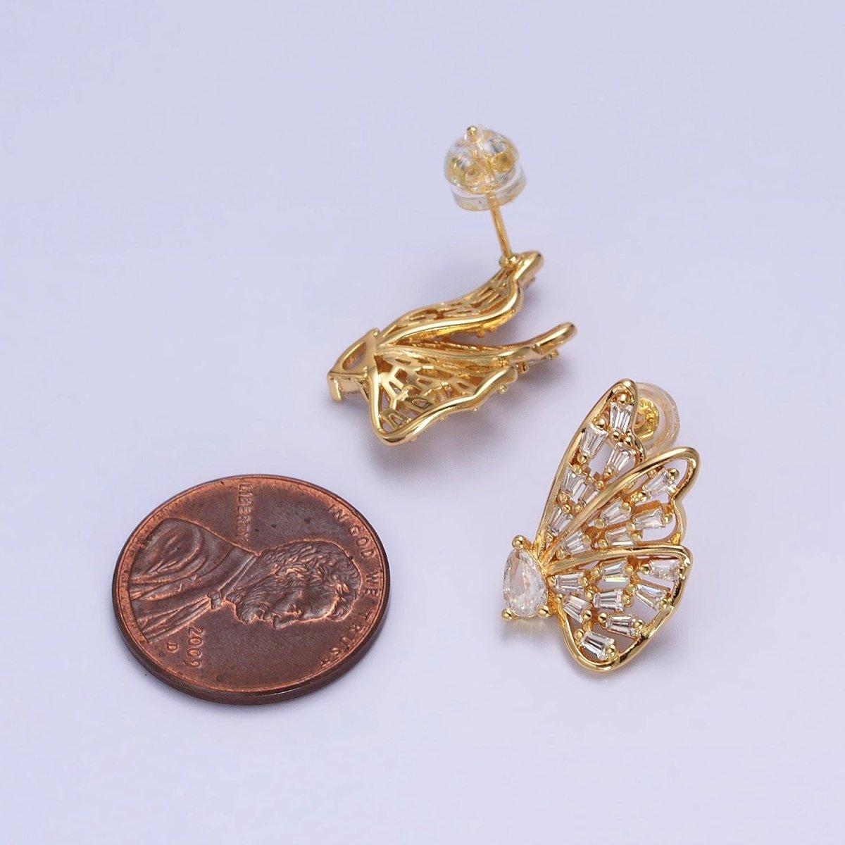 16K Gold Filled Mariposa Butterfly Baguette Teardrop CZ Wings Set Stud Earrings | AB633 AB634
