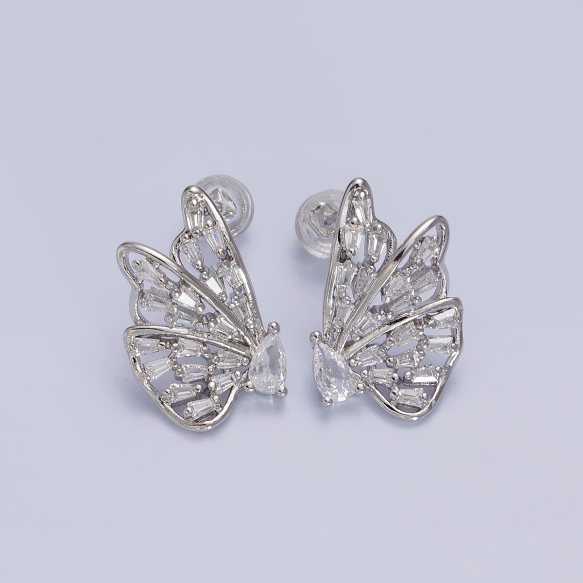 16K Gold Filled Mariposa Butterfly Baguette Teardrop CZ Wings Set Stud Earrings | AB633 AB634