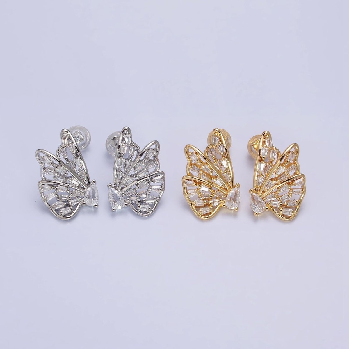 16K Gold Filled Mariposa Butterfly Baguette Teardrop CZ Wings Set Stud Earrings | AB633 AB634