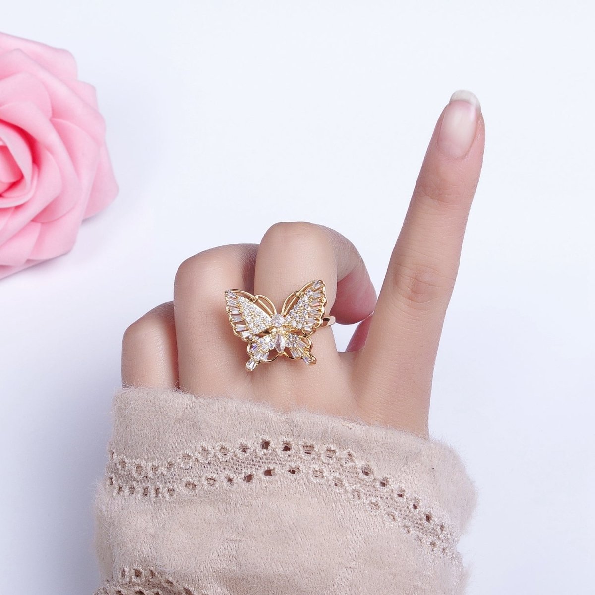 16K Gold Filled Marquise Butterfly Mariposa Micro Paved Baguette Wings Ring in Gold & Silver | O-1940 O-1941