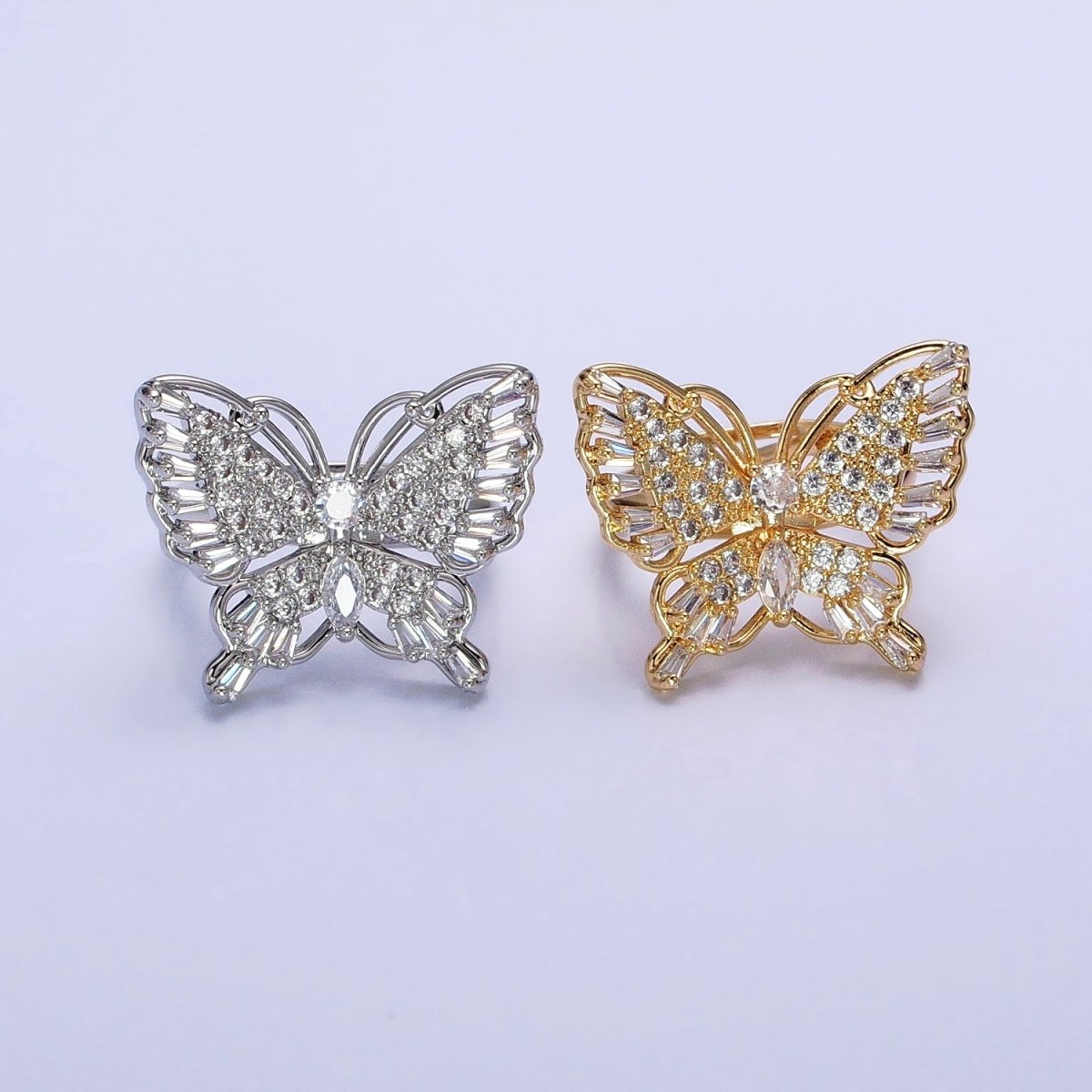 16K Gold Filled Marquise Butterfly Mariposa Micro Paved Baguette Wings Ring in Gold & Silver | O-1940 O-1941