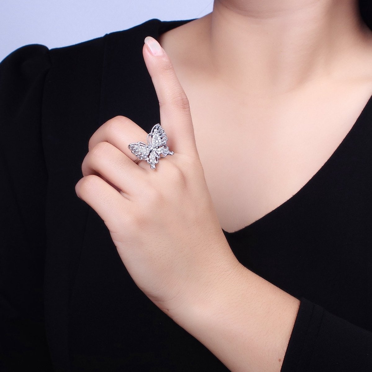 16K Gold Filled Marquise Butterfly Mariposa Micro Paved Baguette Wings Ring in Gold & Silver | O-1940 O-1941