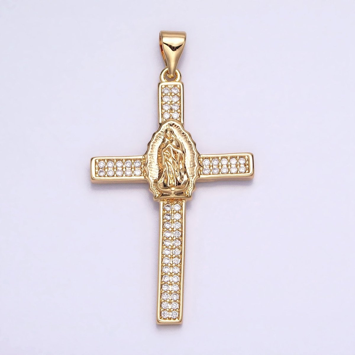 16K Gold Filled Mary Lady Guadalupe Cross Clear CZ Micro Paved Pendant in Gold & Silver | AA507 AA508