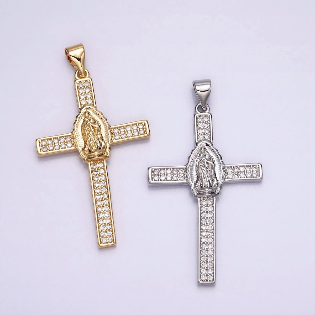 16K Gold Filled Mary Lady Guadalupe Cross Clear CZ Micro Paved Pendant in Gold & Silver | AA507 AA508
