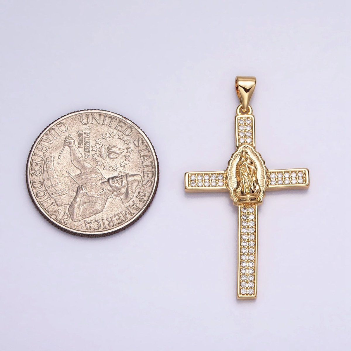 16K Gold Filled Mary Lady Guadalupe Cross Clear CZ Micro Paved Pendant in Gold & Silver | AA507 AA508