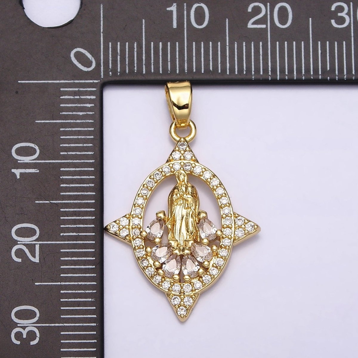 16K Gold Filled Mary Lady Guadalupe Multiple Teardrop Micro Paved Spiked Open Oval Pendant | AA482 - DLUXCA
