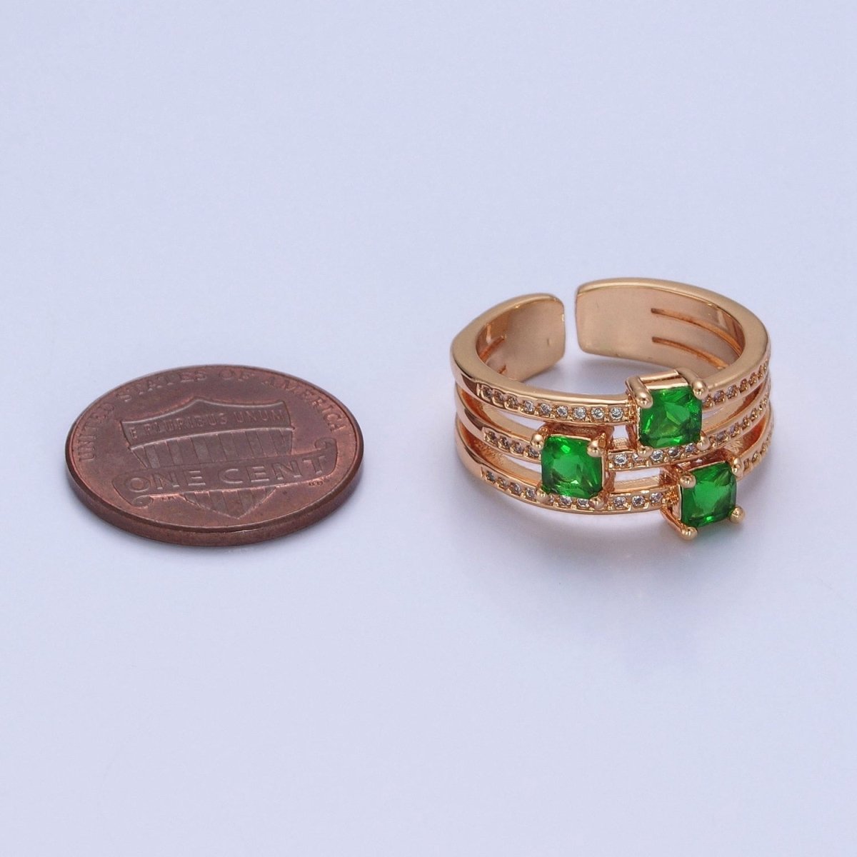 16K Gold Filled Micro Pave CZ Triple Band Emerald Green Baguette Square Cubic Zirconia Ring S-232