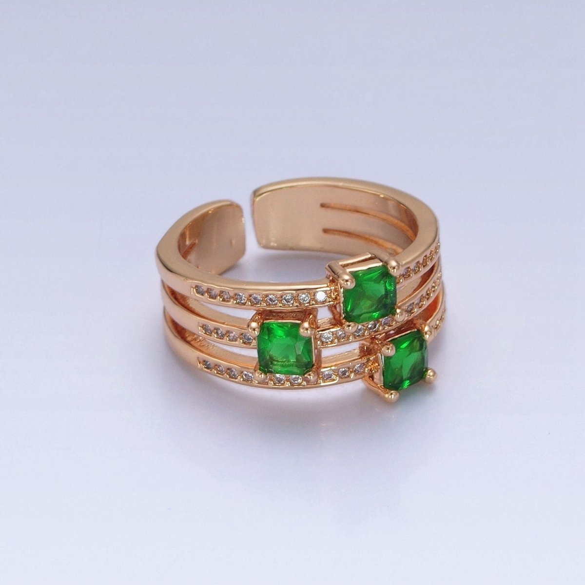 16K Gold Filled Micro Pave CZ Triple Band Emerald Green Baguette Square Cubic Zirconia Ring S-232