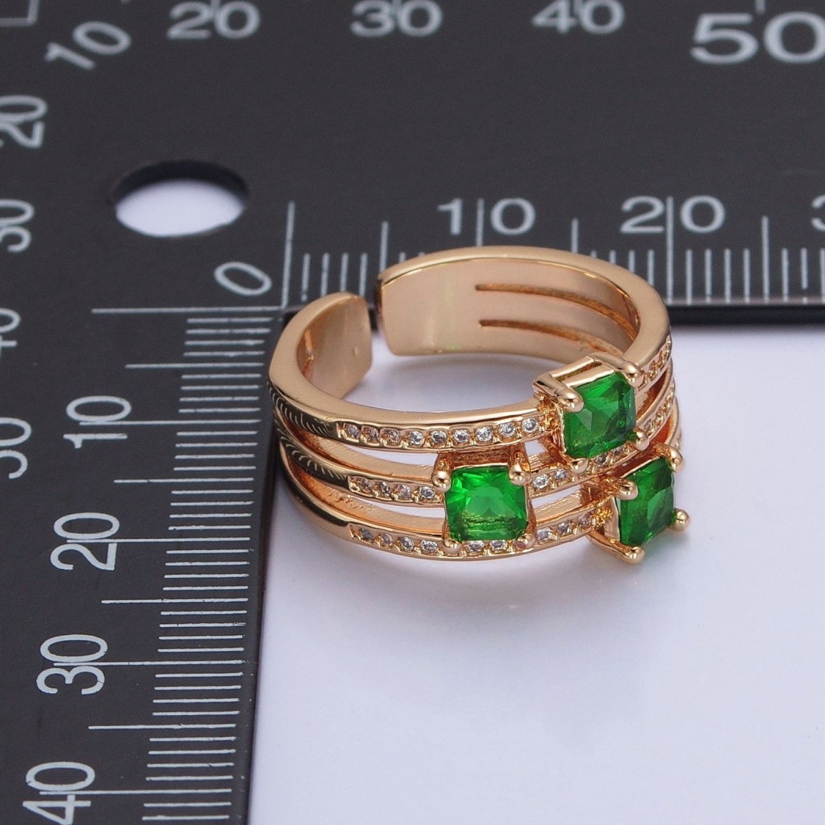 16K Gold Filled Micro Pave CZ Triple Band Emerald Green Baguette Square Cubic Zirconia Ring S-232