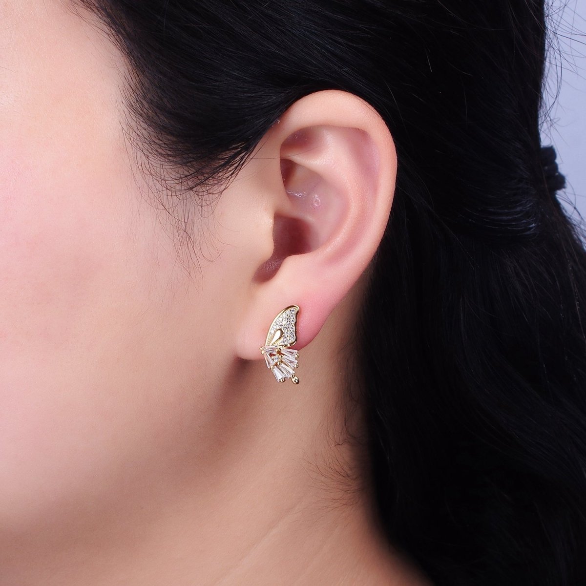 16K Gold Filled Micro Paved Baguette Butterfly Wings Set Stud Earrings | AD1229 - DLUXCA
