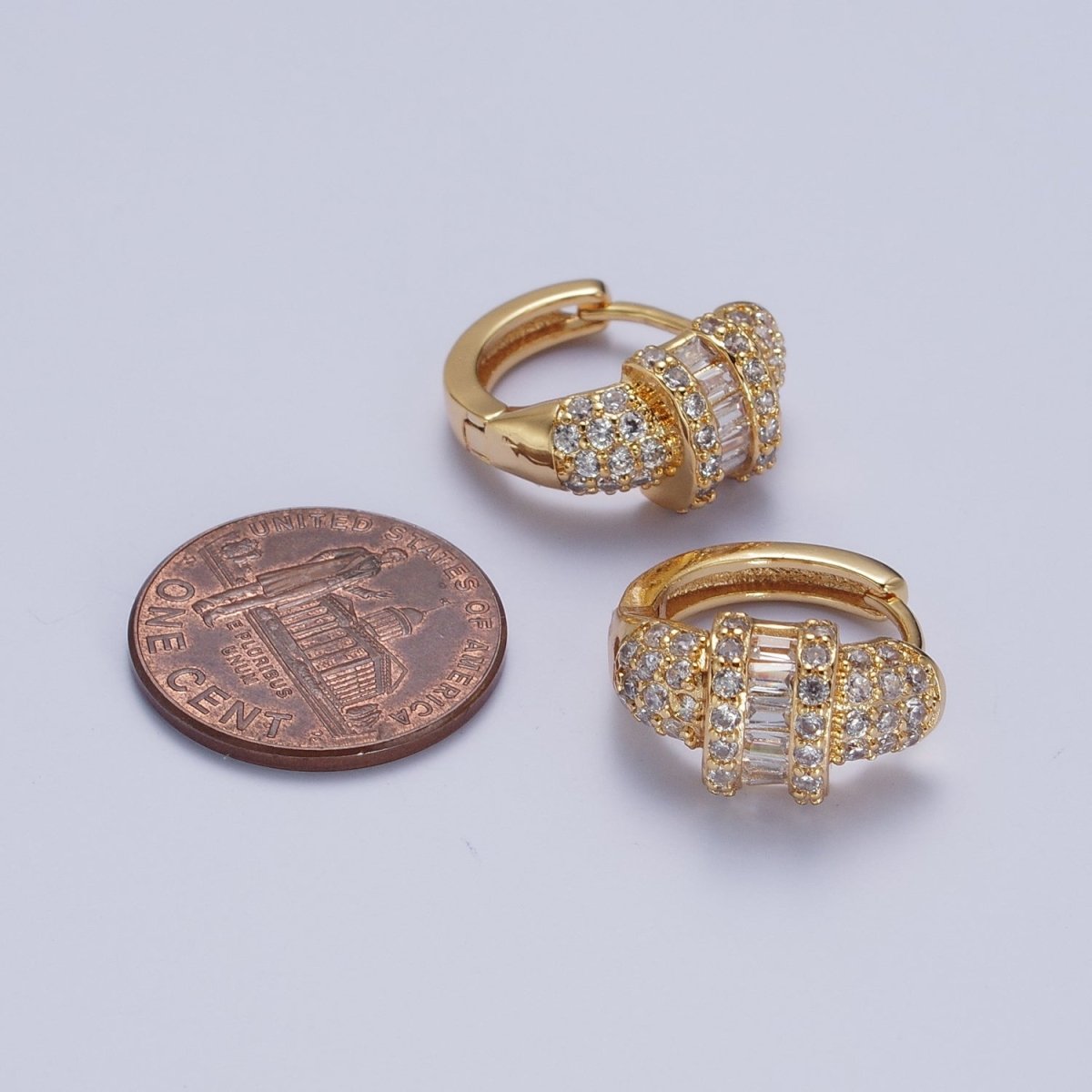 16K Gold Filled Micro Paved Baguette Center Statement Huggie Hoop Earrings | X-847 - DLUXCA