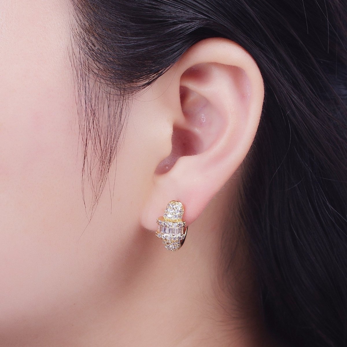 16K Gold Filled Micro Paved Baguette Center Statement Huggie Hoop Earrings | X-847 - DLUXCA