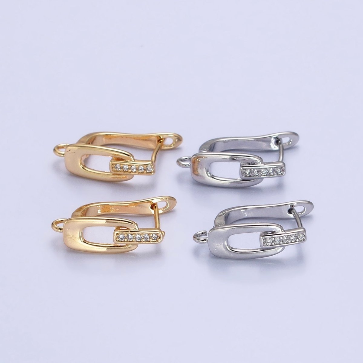 16K Gold Filled Micro Paved Bar Oblong Open Loop English Lock Earrings Supply in Gold & Silver | Z-328 Z-329